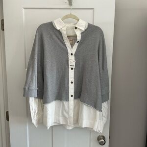 Free People Gray and White Button Down Shirt